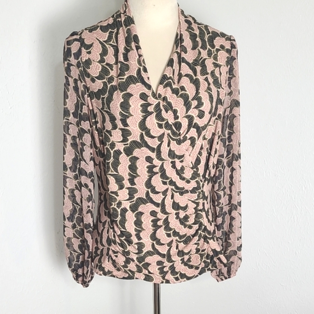 Chenault Pink, Green & Black Print Wrap Blouse, Ruching, Sheer Longsleeves Sz M